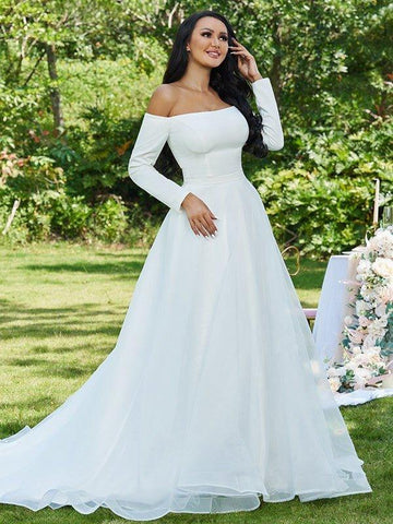 A-Linie/Princess-Linie Tüll Rüschen Schulterfrei Lange Ärmel Sweep/Pinsel zug Brautkleider