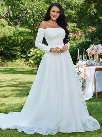 A-Linie/Princess-Linie Tüll Rüschen Schulterfrei Lange Ärmel Sweep/Pinsel zug Brautkleider