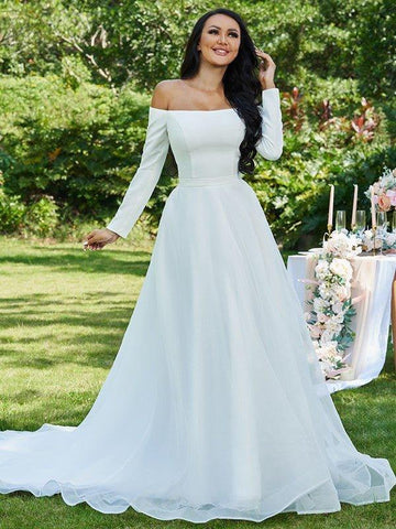 A-Linie/Princess-Linie Tüll Rüschen Schulterfrei Lange Ärmel Sweep/Pinsel zug Brautkleider