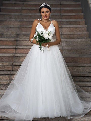 A-Linie/Princess-Linie Tüll Rüschen V-Ausschnitt Ärmellos Sweep/Pinsel zug Brautkleider