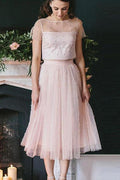 A-Line/Princess Tulle Short Sleeves Scoop Tea-Length Two Piece Dresses PD412 by pgmdress