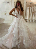 Vestidos de novia de corte princesa y línea A, con cuello en V, sin mangas, aplicaciones de tul y largo hasta el suelo