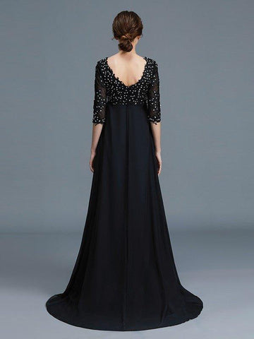 A-Linie/Princess-Linie V-Ausschnitt 1/2 Ärmel Perlen verziert Chiffon Bodenlang Kleider für die Brautmutter
