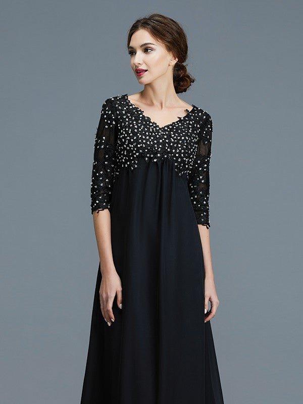 A-Line/Princess V-neck 1/2 Sleeves Beading Chiffon Floor-Length Mother of the Bride Dresses