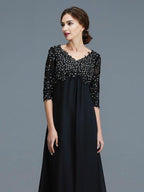 A-Line/Princess V-neck 1/2 Sleeves Beading Chiffon Floor-Length Mother of the Bride Dresses