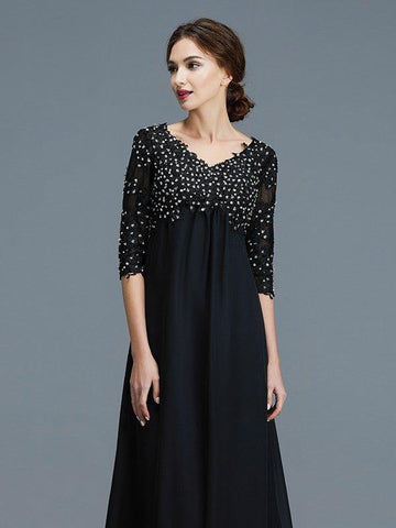 A-Linie/Princess-Linie V-Ausschnitt 1/2 Ärmel Perlen verziert Chiffon Bodenlang Kleider für die Brautmutter
