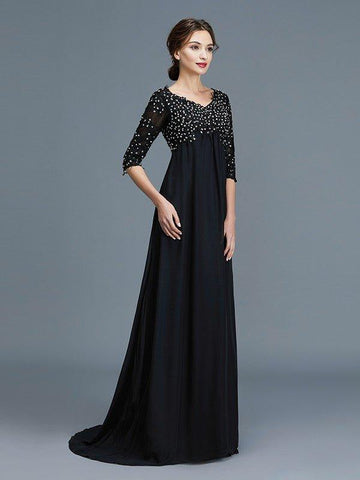A-Linie/Princess-Linie V-Ausschnitt 1/2 Ärmel Perlen verziert Chiffon Bodenlang Kleider für die Brautmutter