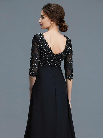 A-Linie/Princess-Linie V-Ausschnitt 1/2 Ärmel Perlen verziert Chiffon Bodenlang Kleider für die Brautmutter