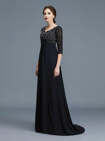 A-Linie/Princess-Linie V-Ausschnitt 1/2 Ärmel Perlen verziert Chiffon Bodenlang Kleider für die Brautmutter