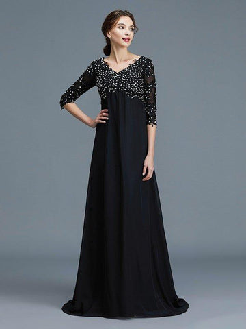 A-Linie/Princess-Linie V-Ausschnitt 1/2 Ärmel Perlen verziert Chiffon Bodenlang Kleider für die Brautmutter