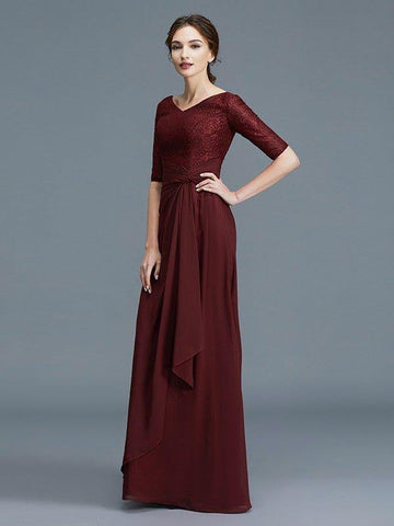 A-Linie/Princess-Linie V-Ausschnitt 1/2 Ärmel Rüschen Chiffon Bodenlang Kleider für die Brautmutter