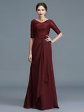A-Linie/Princess-Linie V-Ausschnitt 1/2 Ärmel Rüschen Chiffon Bodenlang Kleider für die Brautmutter