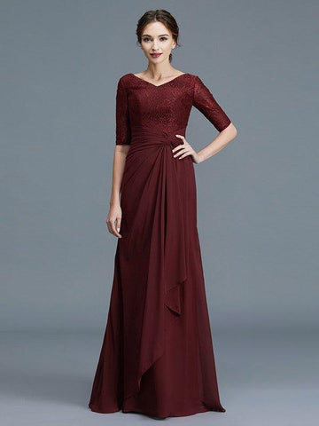 A-Linie/Princess-Linie V-Ausschnitt 1/2 Ärmel Rüschen Chiffon Bodenlang Kleider für die Brautmutter