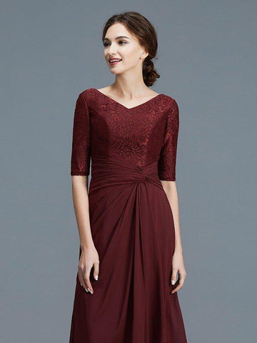 A-Linie/Princess-Linie V-Ausschnitt 1/2 Ärmel Rüschen Chiffon Bodenlang Kleider für die Brautmutter