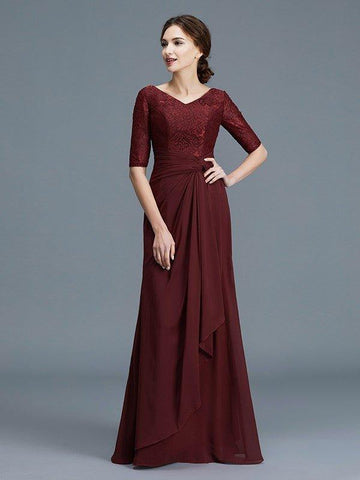 A-Linie/Princess-Linie V-Ausschnitt 1/2 Ärmel Rüschen Chiffon Bodenlang Kleider für die Brautmutter