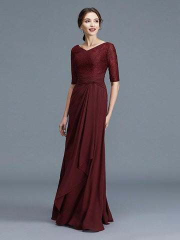 A-Linie/Princess-Linie V-Ausschnitt 1/2 Ärmel Rüschen Chiffon Bodenlang Kleider für die Brautmutter