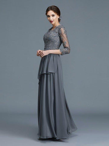 A-Linie/Princess-Linie V-Ausschnitt 3/4-Ärmel Rüschen Chiffon Bodenlang Kleider für die Brautmutter
