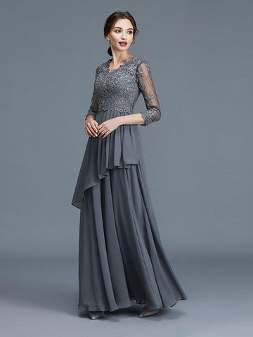 A-Linie/Princess-Linie V-Ausschnitt 3/4-Ärmel Rüschen Chiffon Bodenlang Kleider für die Brautmutter
