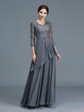 A-Linie/Princess-Linie V-Ausschnitt 3/4-Ärmel Rüschen Chiffon Bodenlang Kleider für die Brautmutter