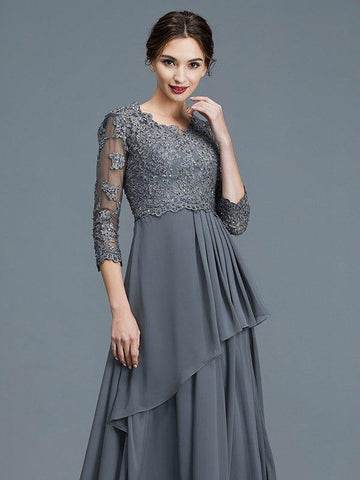 A-Linie/Princess-Linie V-Ausschnitt 3/4-Ärmel Rüschen Chiffon Bodenlang Kleider für die Brautmutter