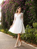 Vestidos de novia de gasa cortos con escote en V y mangas tres cuartos de corte princesa y línea A