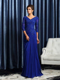 Vestidos compridos em chiffon para mãe da noiva, corte A/princesa, decote em V, aplicações, mangas 3/4