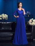 Vestidos compridos em chiffon para mãe da noiva, corte A/princesa, decote em V, aplicações, mangas 3/4