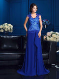 Vestidos compridos em chiffon para mãe da noiva, corte A/princesa, decote em V, sem mangas e aplicações