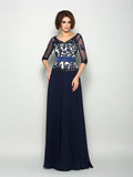 A-Linie/Princess-Linie V-Ausschnitt Perlen verziert 1/2 Ärmel Lang Chiffon Brautmutterkleider