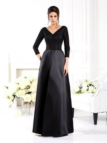 A-Linie/Princess-Linie V-Ausschnitt Perlen verziert 3/4 Ärmel Lang Satin Brautmutterkleider
