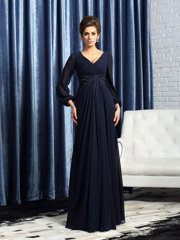 A-Linie/Princess-Linie V-Ausschnitt Perlen verziert Lange Ärmel Lang Chiffon Brautmutterkleider