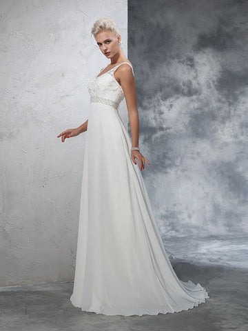 A-Linie/Princess-Linie V-Ausschnitt Perlen verziert Ärmellos Lange Chiffon Brautkleider