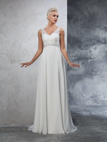 A-Linie/Princess-Linie V-Ausschnitt Perlen verziert Ärmellos Lange Chiffon Brautkleider