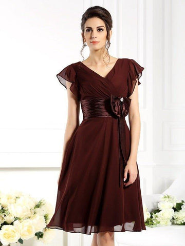 A-Linie/Princess-Linie V-Ausschnitt Schleife Kurze Ärmel Kurz Chiffon Brautmutterkleider