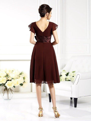 A-Linie/Princess-Linie V-Ausschnitt Schleife Kurze Ärmel Kurz Chiffon Brautmutterkleider