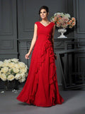 Robe de la mère de la mariée en mousseline longue sans manches avec col en V et fleurs faites main, coupe A/Princesse