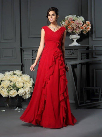 A-Linie/Princess-Linie V-Ausschnitt Handgemachte Blume Ärmellos Lange Chiffon Brautmutterkleider
