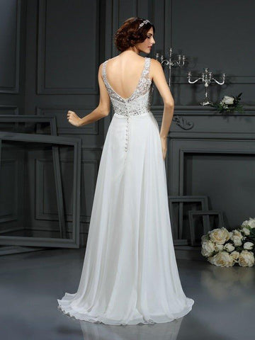 A-Linie/Princess-Linie V-Ausschnitt Spitze Ärmellos Lange Chiffon Brautkleider
