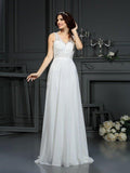 Abito da Sposa in Chiffon Lungo a Linea A/Principessa con Scollo a V, Pizzo e Senza Maniche