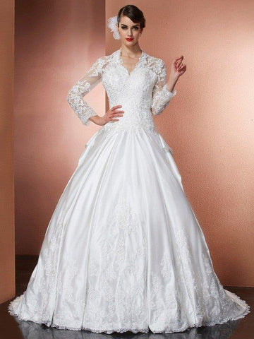 A-Linie/Princess-Linie V-Ausschnitt Lange Ärmel Applikationen Lange Satin Brautkleider