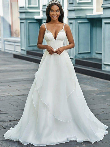 A-Linie/Princess-Linie V-Ausschnitt Organza Ärmellos Perlen verziert Sweep/Pinsel zug Brautkleider