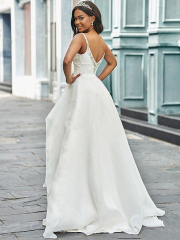 A-Linie/Princess-Linie V-Ausschnitt Organza Ärmellos Perlen verziert Sweep/Pinsel zug Brautkleider