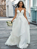 Vestidos de Novia de Línea A/Princesa con Escote en V, Sin Mangas de Organdí, con Abalorios y Cola Barrida/Cepillo