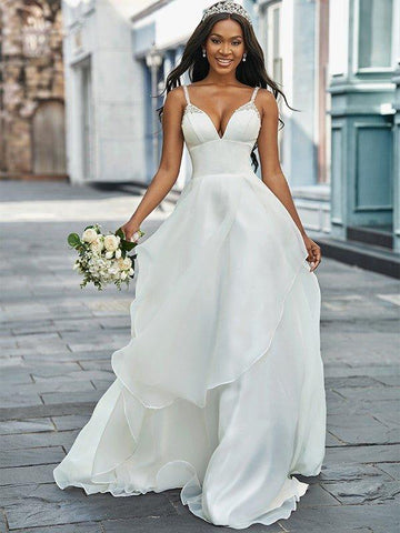 A-Linie/Princess-Linie V-Ausschnitt Organza Ärmellos Perlen verziert Sweep/Pinsel zug Brautkleider