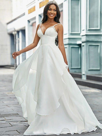A-Linie/Princess-Linie V-Ausschnitt Organza Ärmellos Perlen verziert Sweep/Pinsel zug Brautkleider