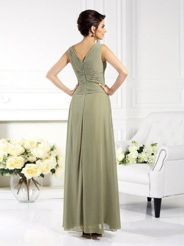 Vestidos de mãe da noiva em chiffon, corte A/princesa, decote em V, pregas, sem mangas