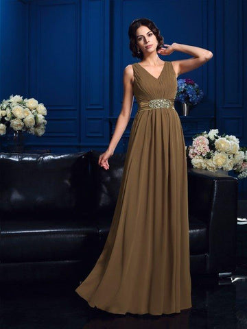 Vestidos de mãe da noiva em chiffon, corte A/princesa, decote em V, pregas, sem mangas