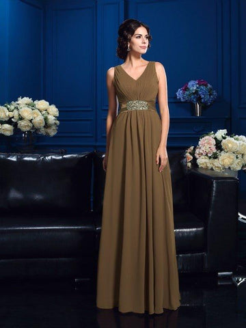 Vestidos de mãe da noiva em chiffon, corte A/princesa, decote em V, pregas, sem mangas