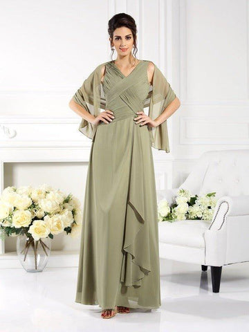 Vestidos de mãe da noiva em chiffon, corte A/princesa, decote em V, pregas, sem mangas