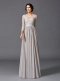 Abito da sposa per la madre della sposa in chiffon lungo, scollatura a V, maniche tre quarti, balze e linea a A/princess